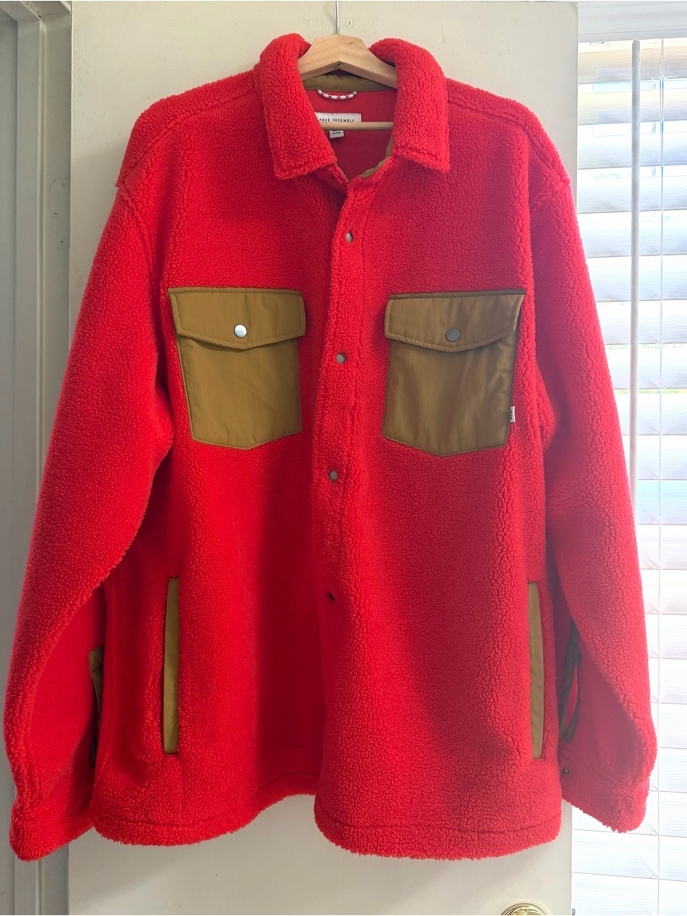 Men's Red Sherpa Shirt Jacket with Brown Pocket Details